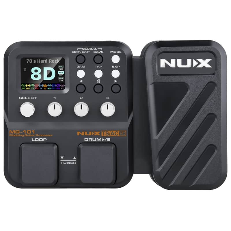 NUX MG-101 modeling guitar processor — black multi-effects with expression pedal
