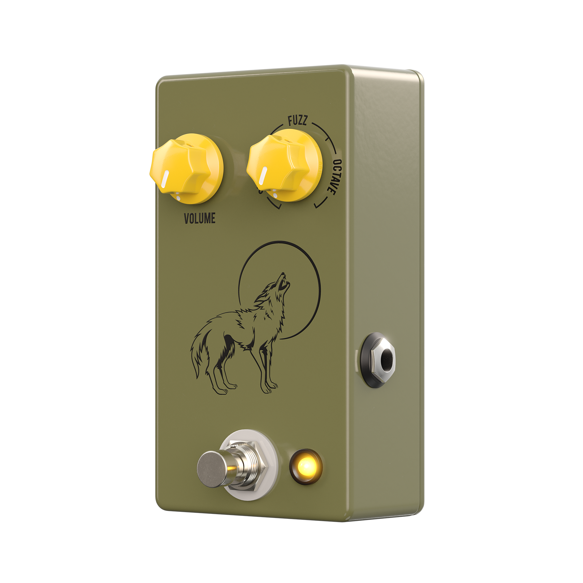 JHS Coyote octave fuzz pedal — angled view of footswitch and jacks