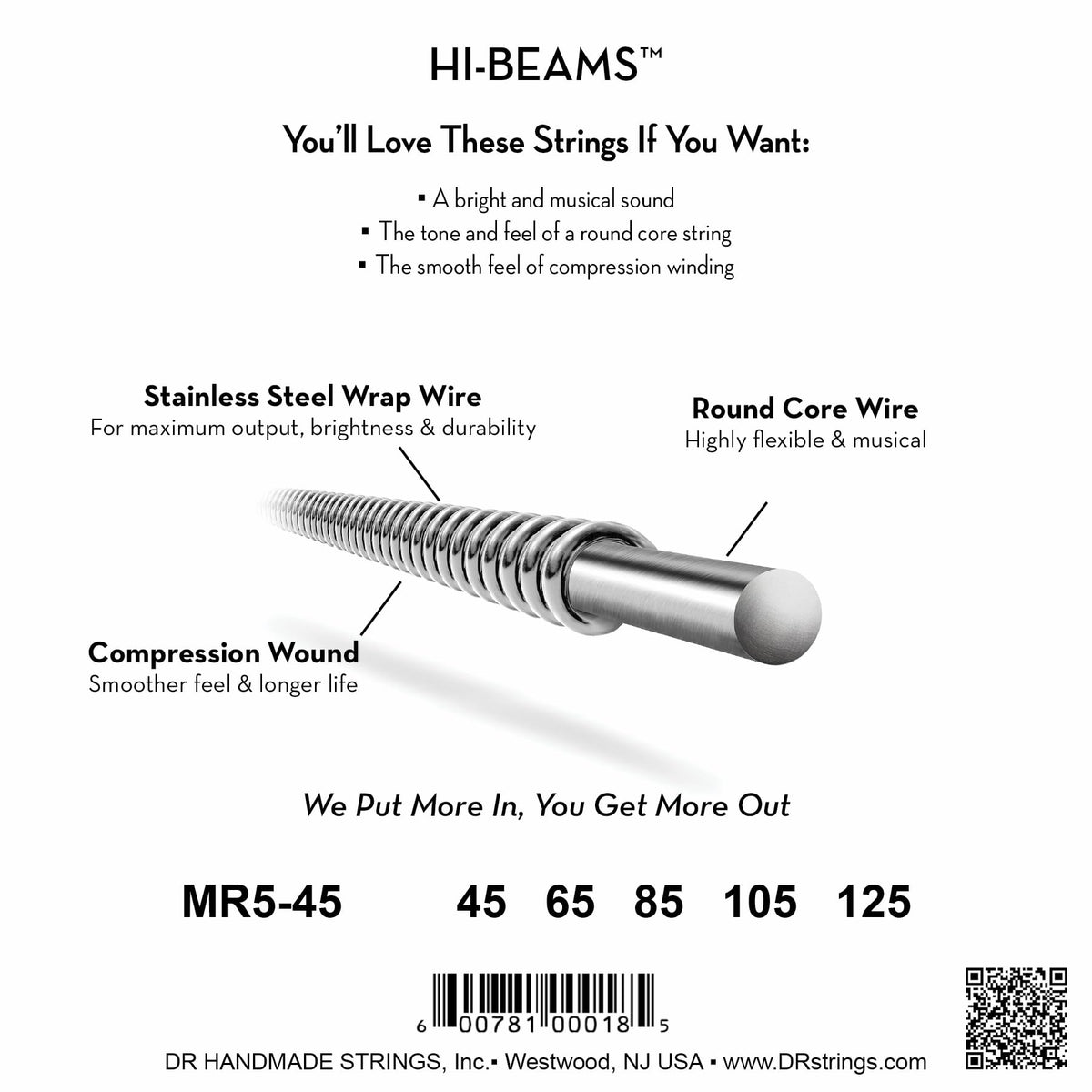 New DR Strings Hi-Beam MR5-45 Stainless Steel 5-String Bass Strings, Medium (.045-.125)