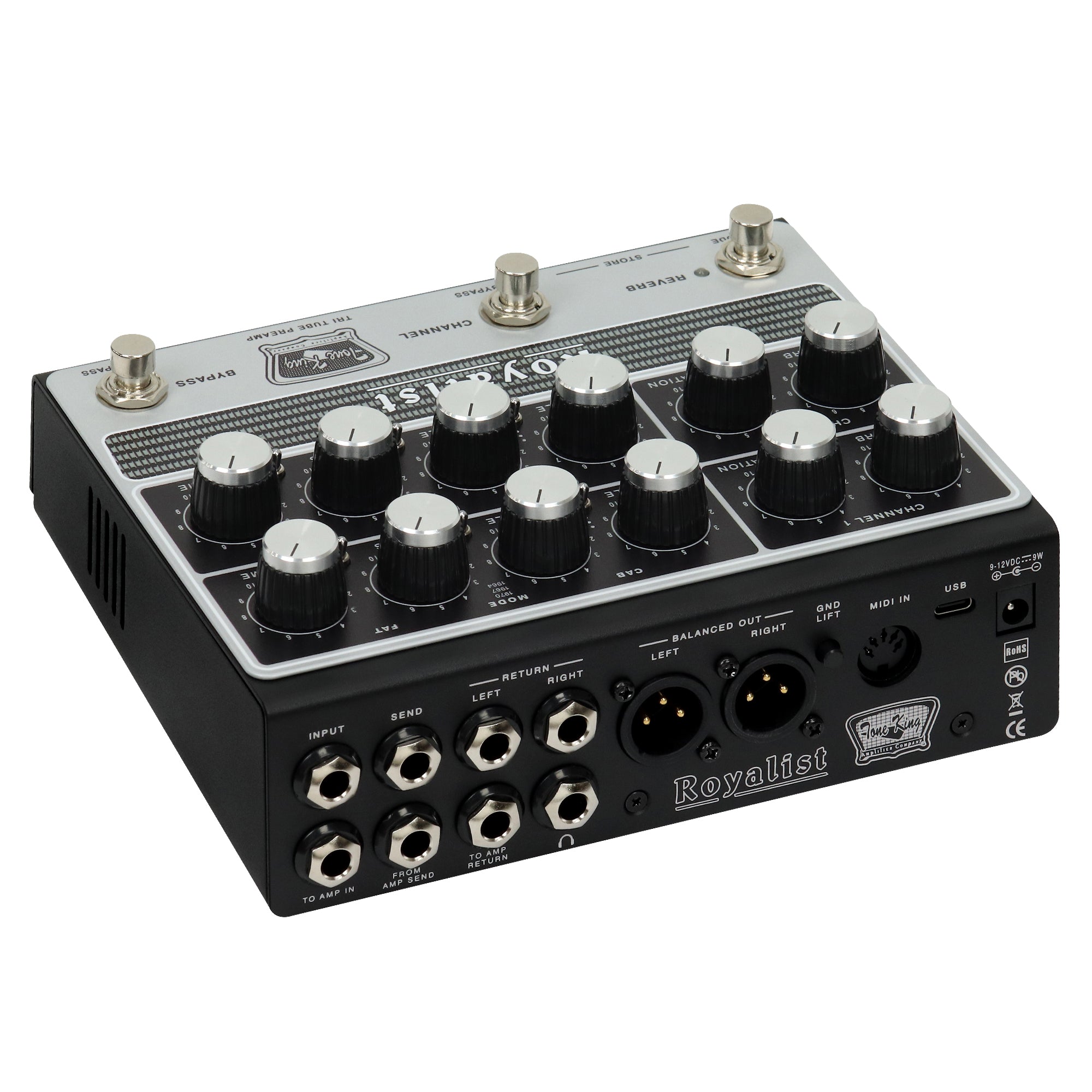 Tone King Royalist tri-tube British preamp pedal — XLR DI and MIDI connections