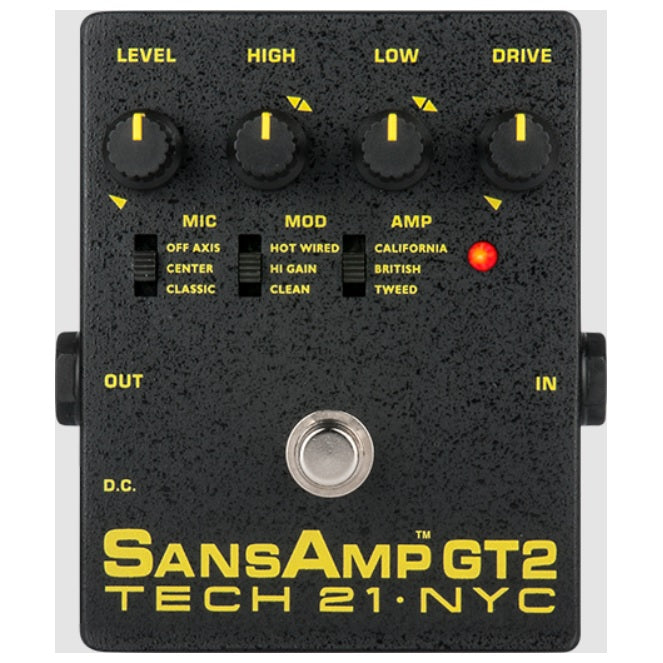 Tech 21 SansAmp GT2 tube amp emulator guitar pedal — black enclosure top control view