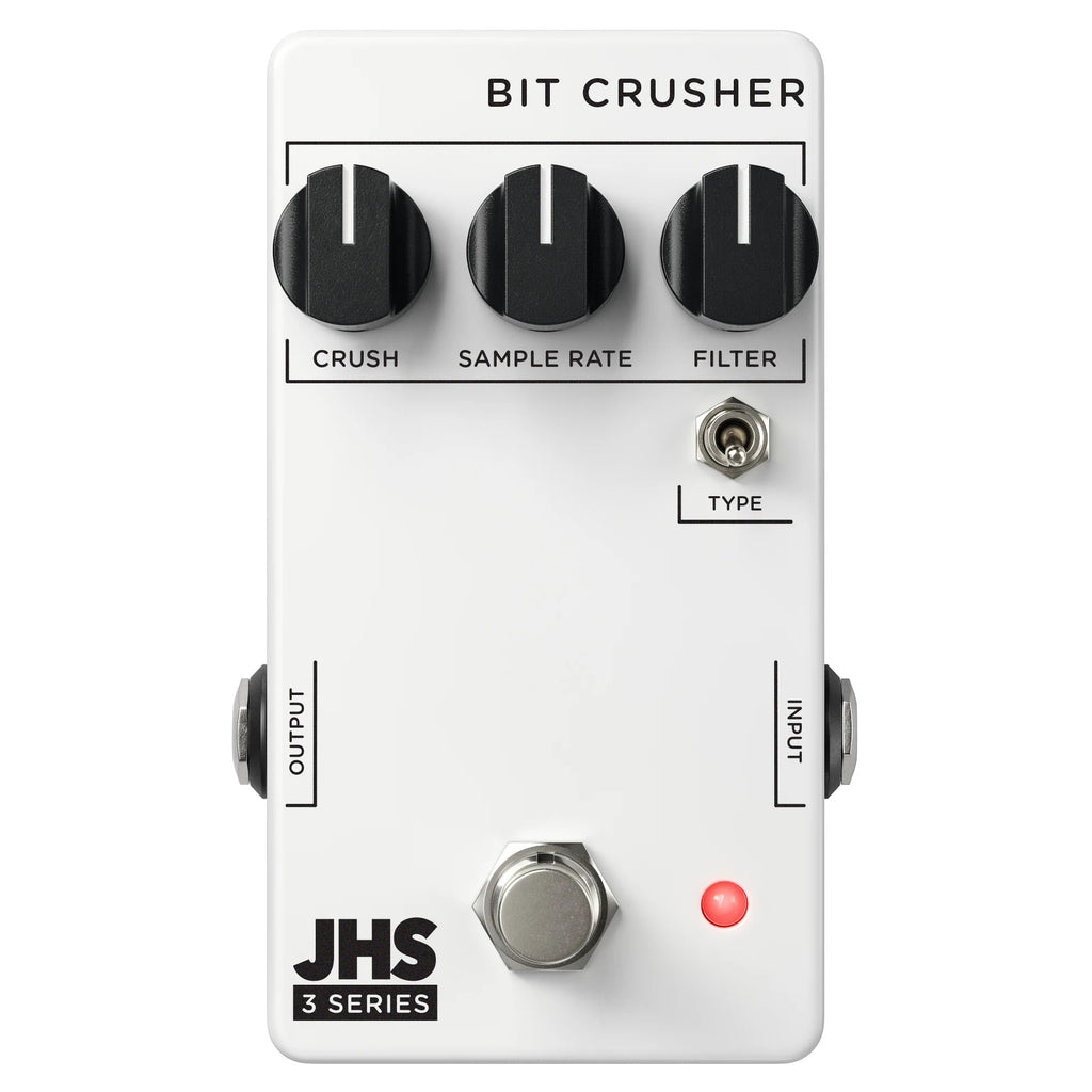 JHS 3 Series Bit Crusher pedal — white enclosure, top view with Crush, Sample Rate, Filter knobs