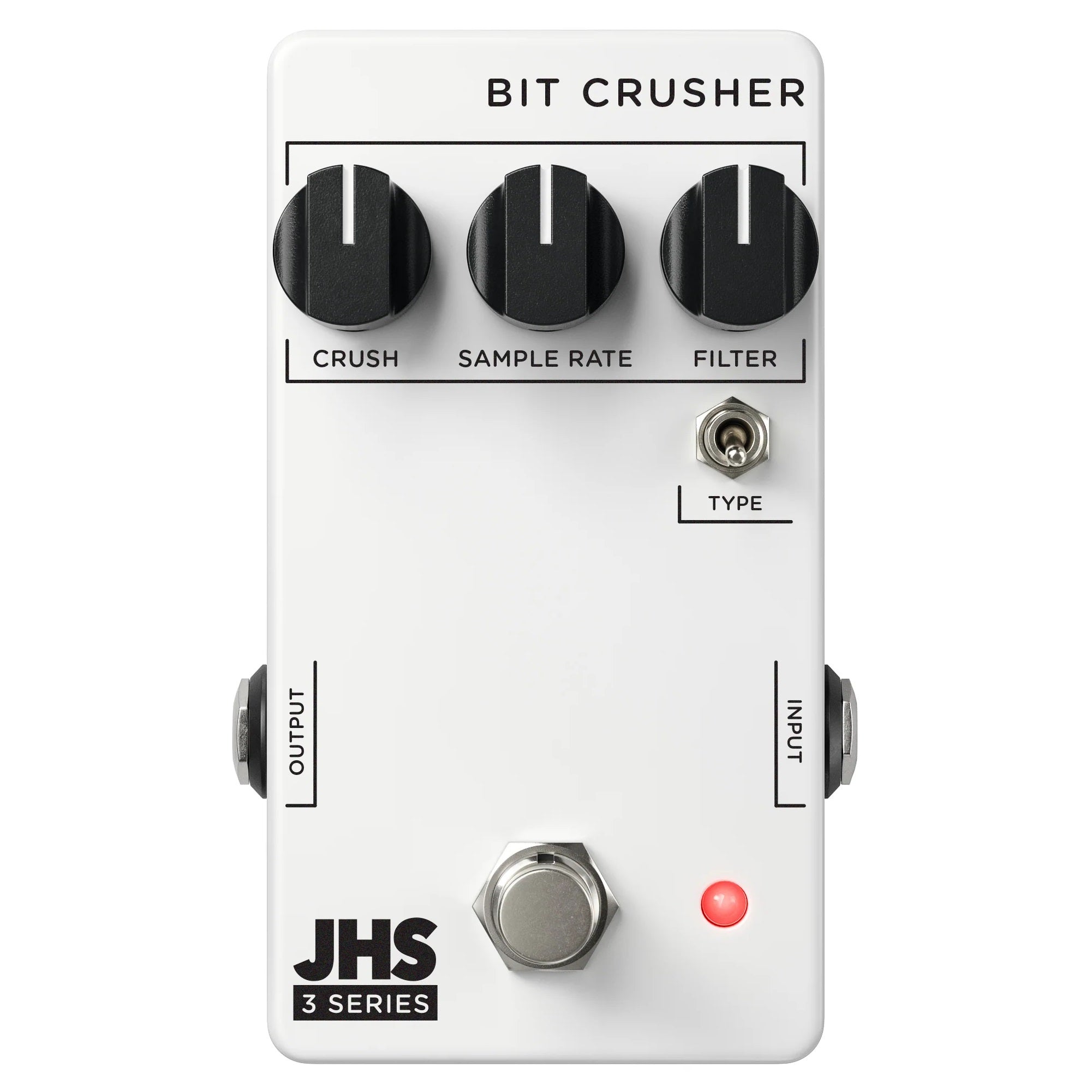 JHS 3 Series Bit Crusher pedal — white enclosure, top view with Crush, Sample Rate, Filter knobs
