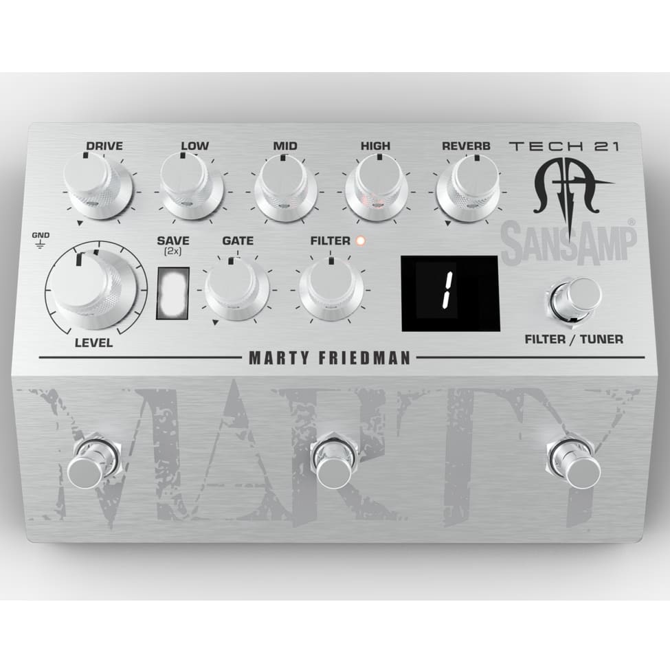 Tech 21 Marty Friedman MF1 SansAmp preamp pedal — controls and display detail