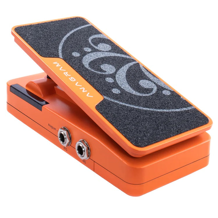 Darkglass Anagram Press expression pedal — orange enclosure, angled top view