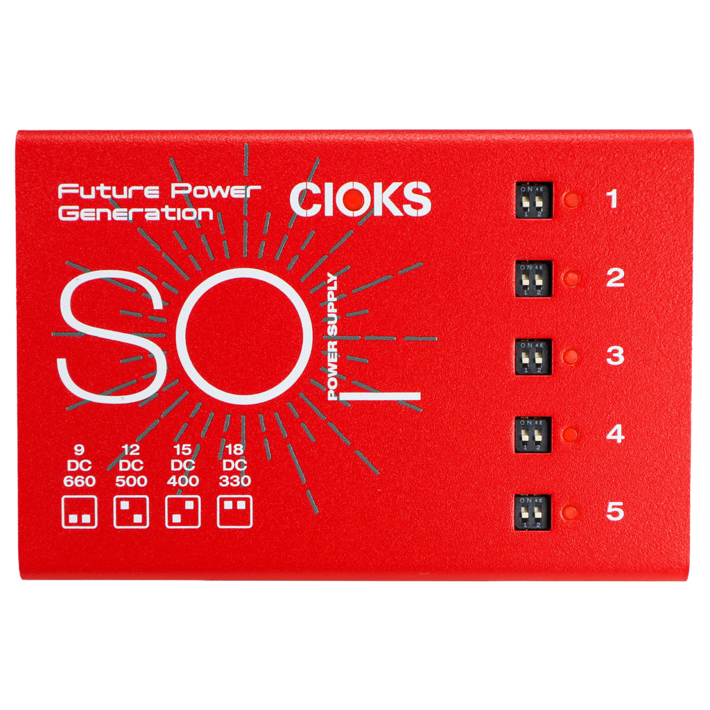 CIOKS SOL pedal power supply — red enclosure top view with 5 outlets and voltage settings