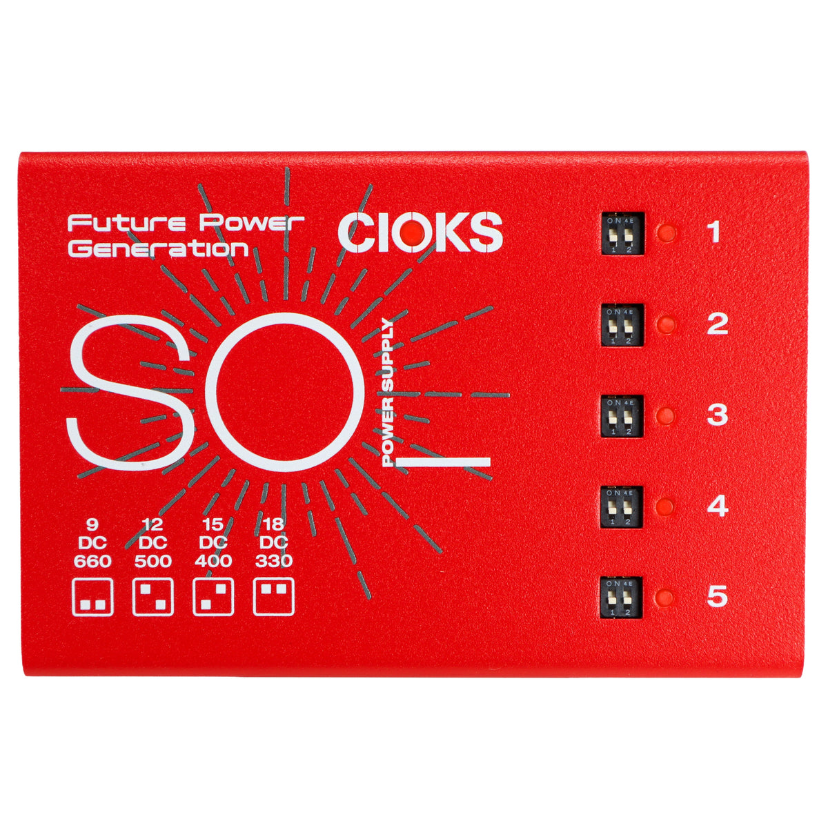 CIOKS SOL pedal power supply — red enclosure top view with 5 outlets and voltage settings