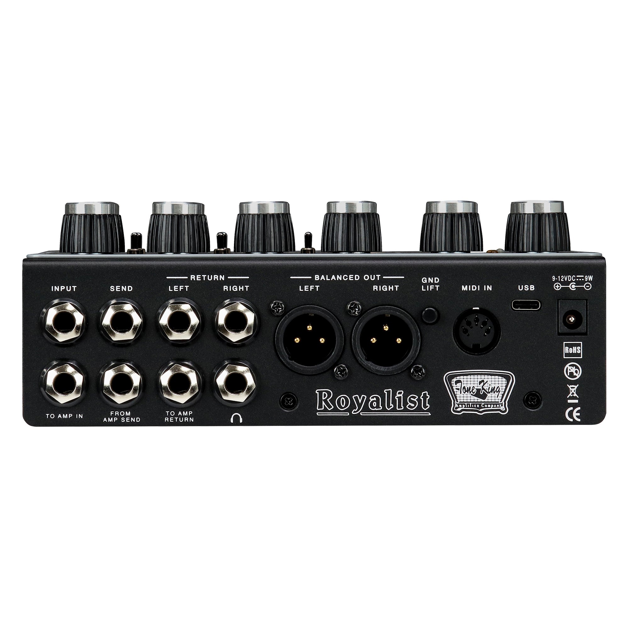 Tone King Royalist tri-tube British preamp pedal — rear panel input/output jacks