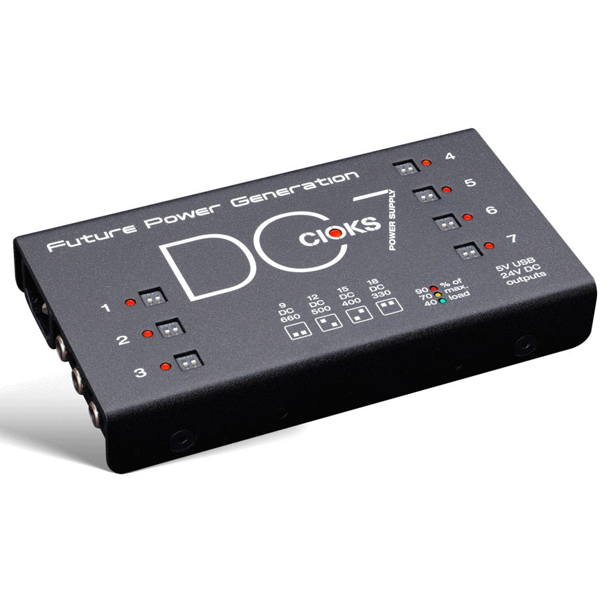 Used CIOKS DC7 black pedal power supply — top angled view, 7 outlets