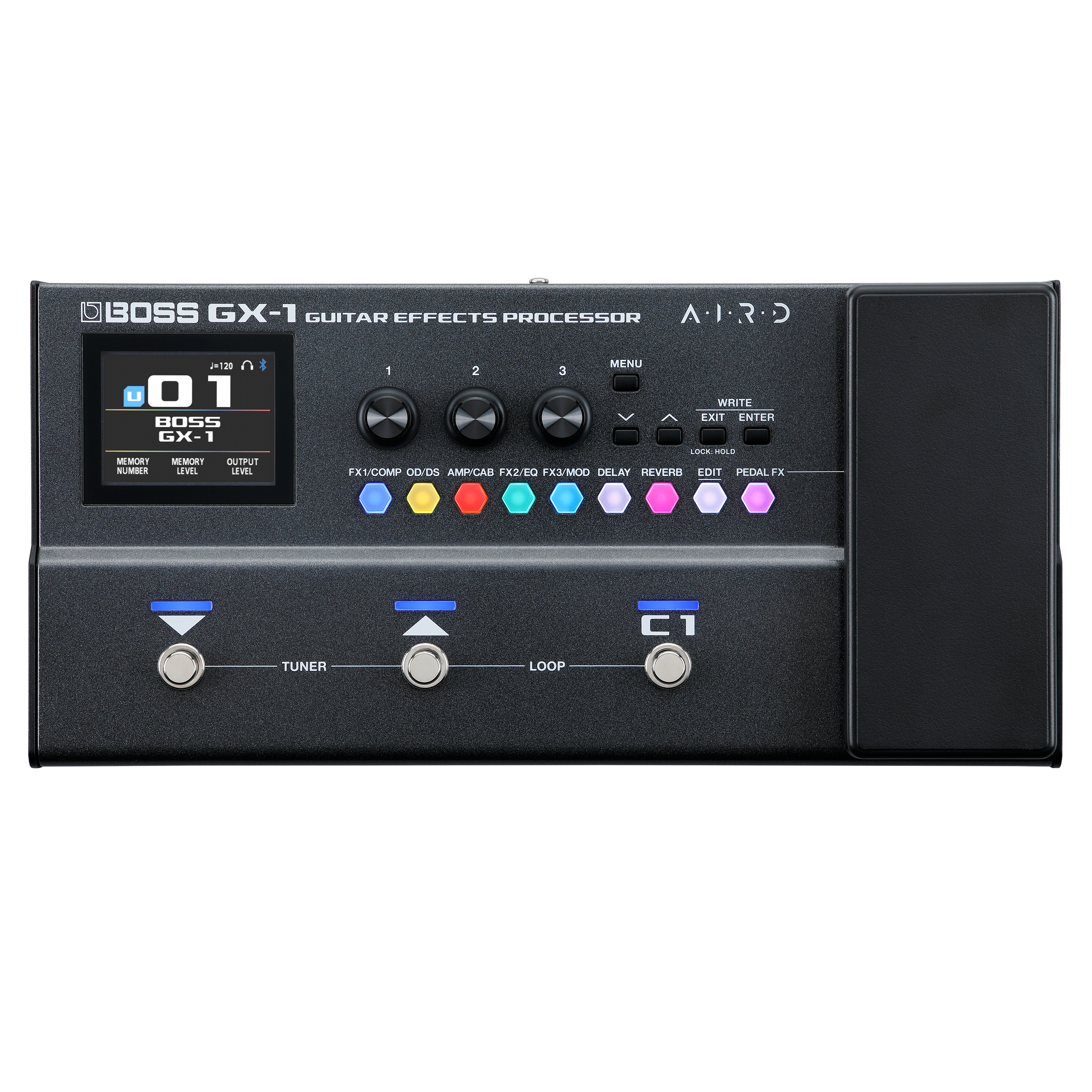 Boss GX-1 guitar multi-effects processor — top view with color display and hexagon effect buttons