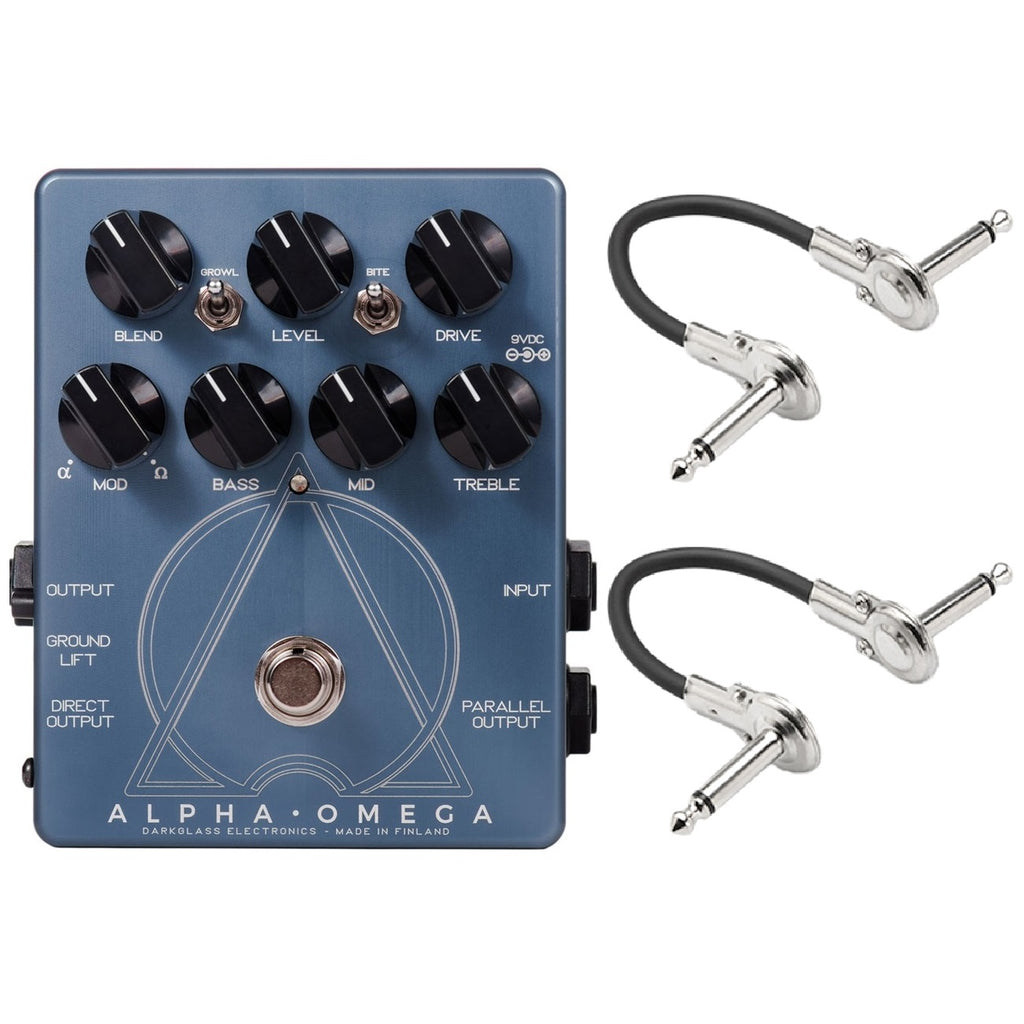 Darkglass Alpha Omega bass preamp/overdrive pedal — blue enclosure with two black patch cables