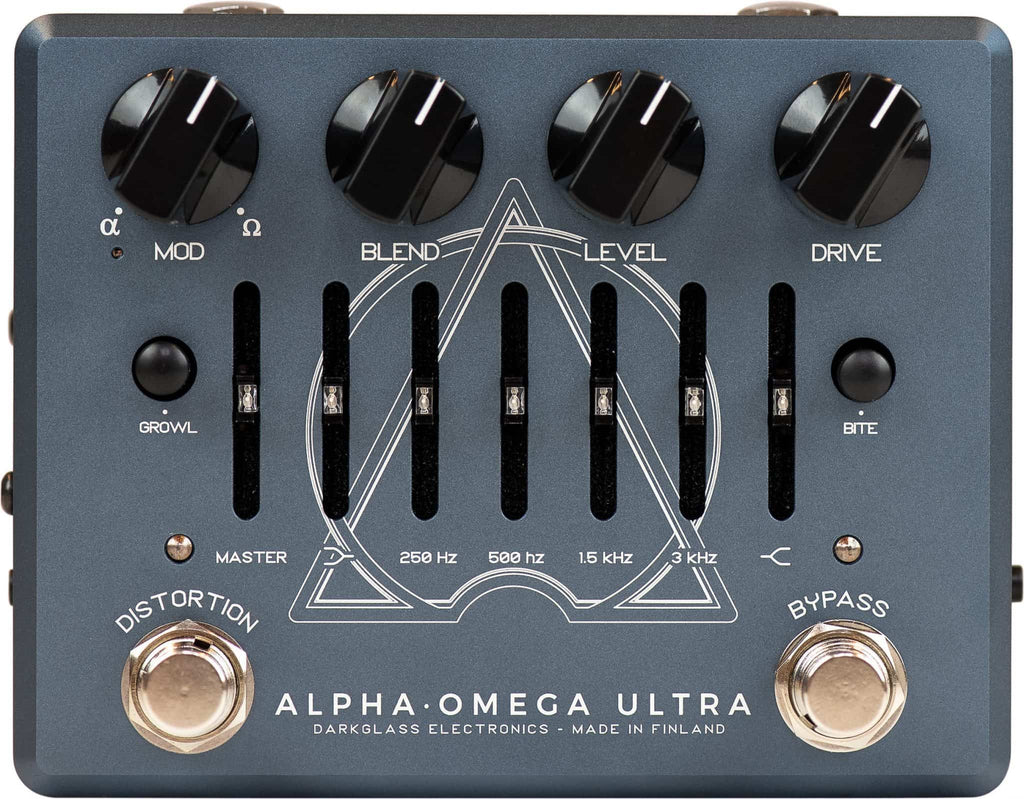 Darkglass Alpha Omega Ultra V2 bass preamp — front view, gray enclosure with EQ sliders