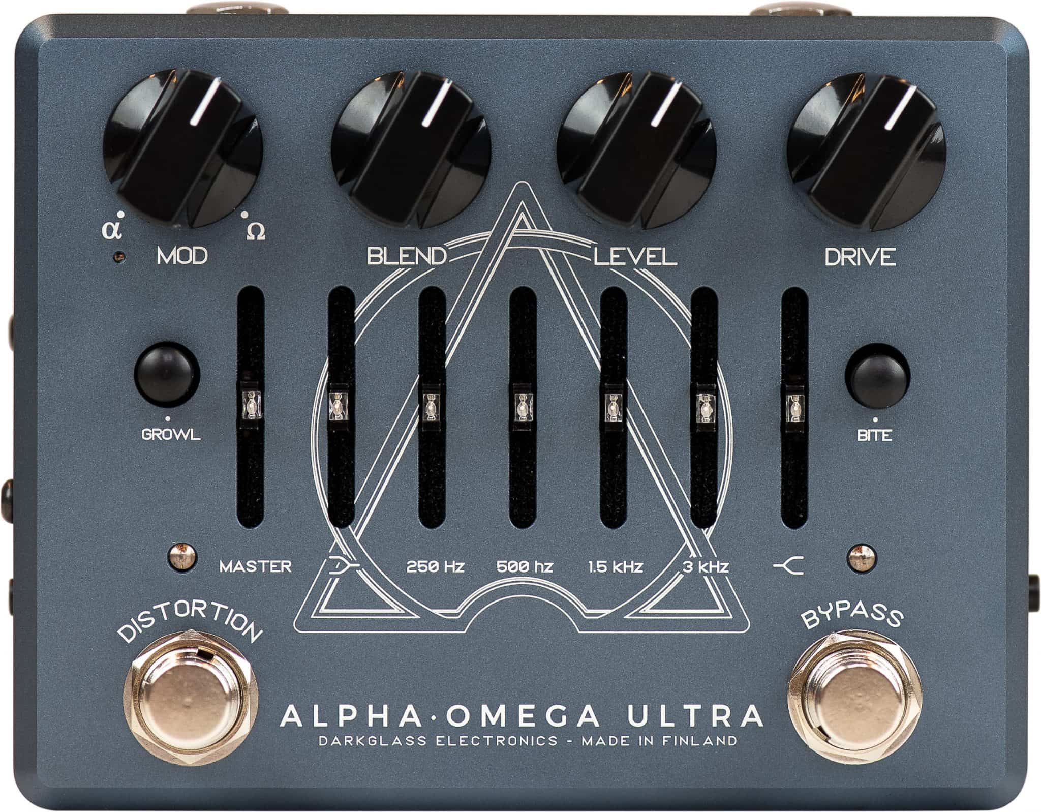 Darkglass Alpha Omega Ultra V2 bass preamp — front view, gray enclosure with EQ sliders