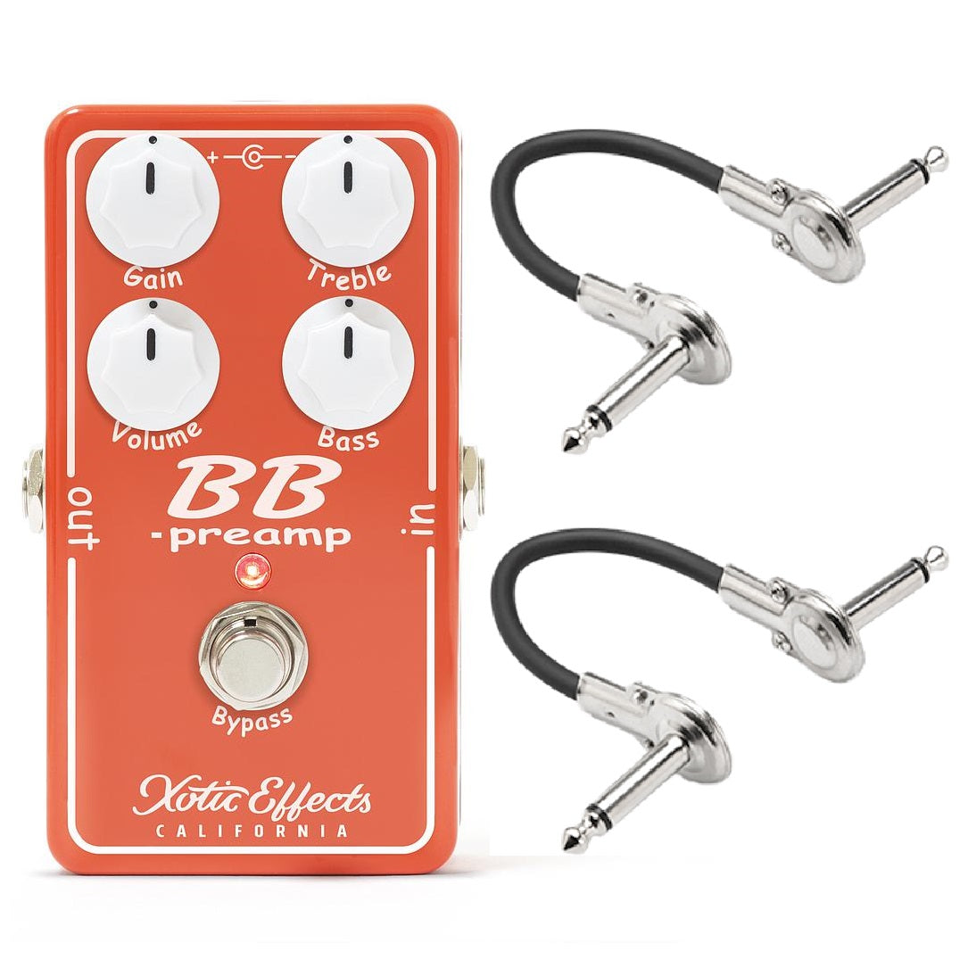 Xotic BB Preamp boost pedal with two bundled patch cables — orange front view