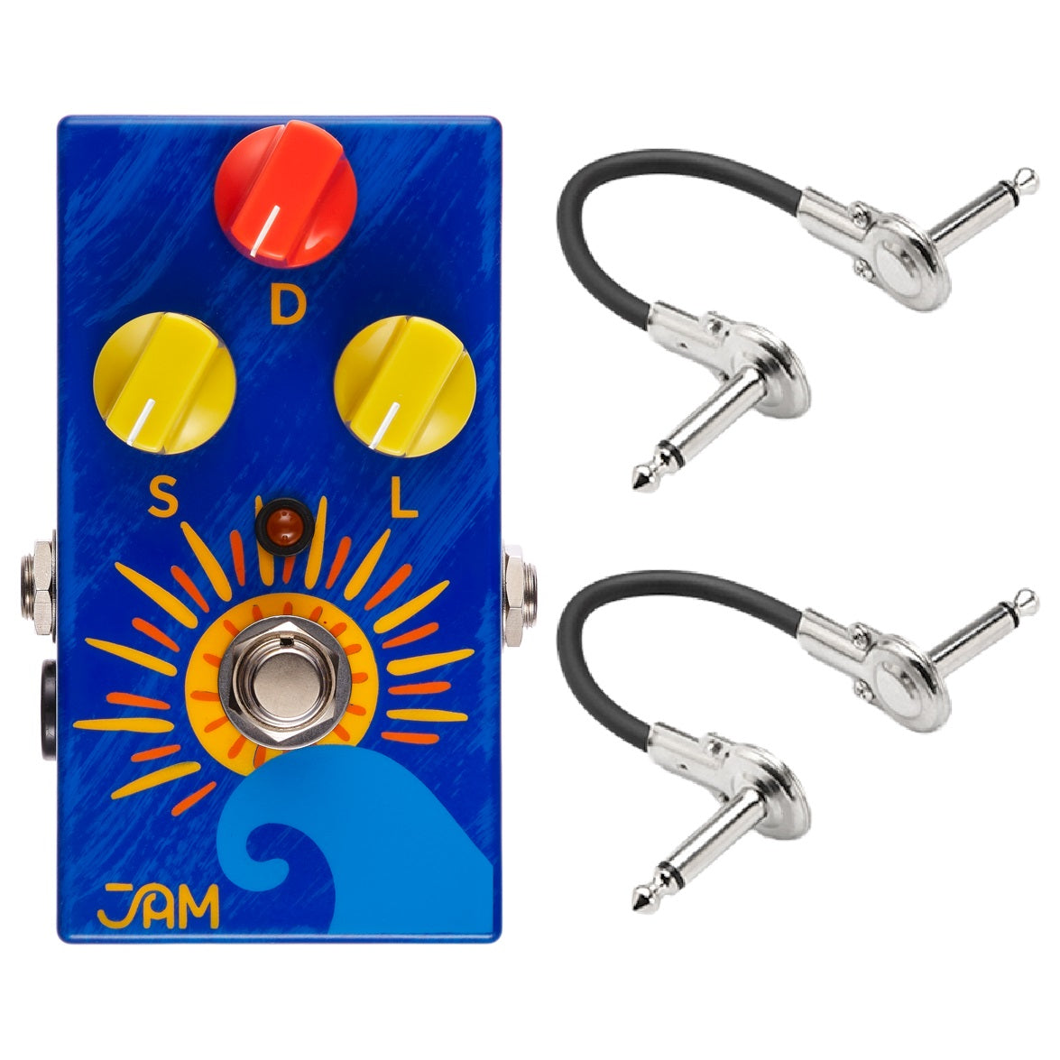 JAM Pedals Chill Tremolo pedal - blue enclosure with sun art, shown with two patch cables