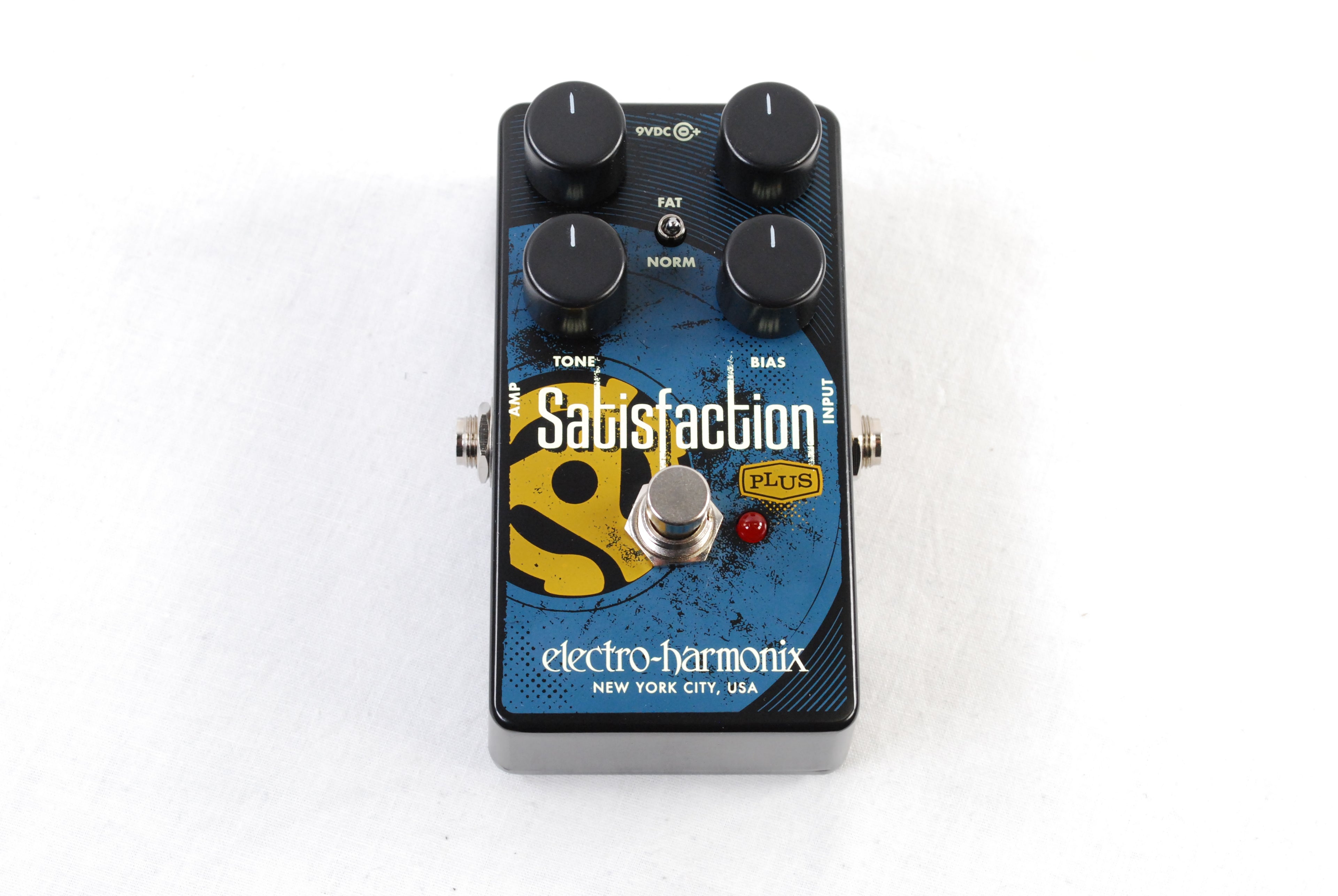 Electro-Harmonix Satisfaction Plus fuzz pedal — black, top view
