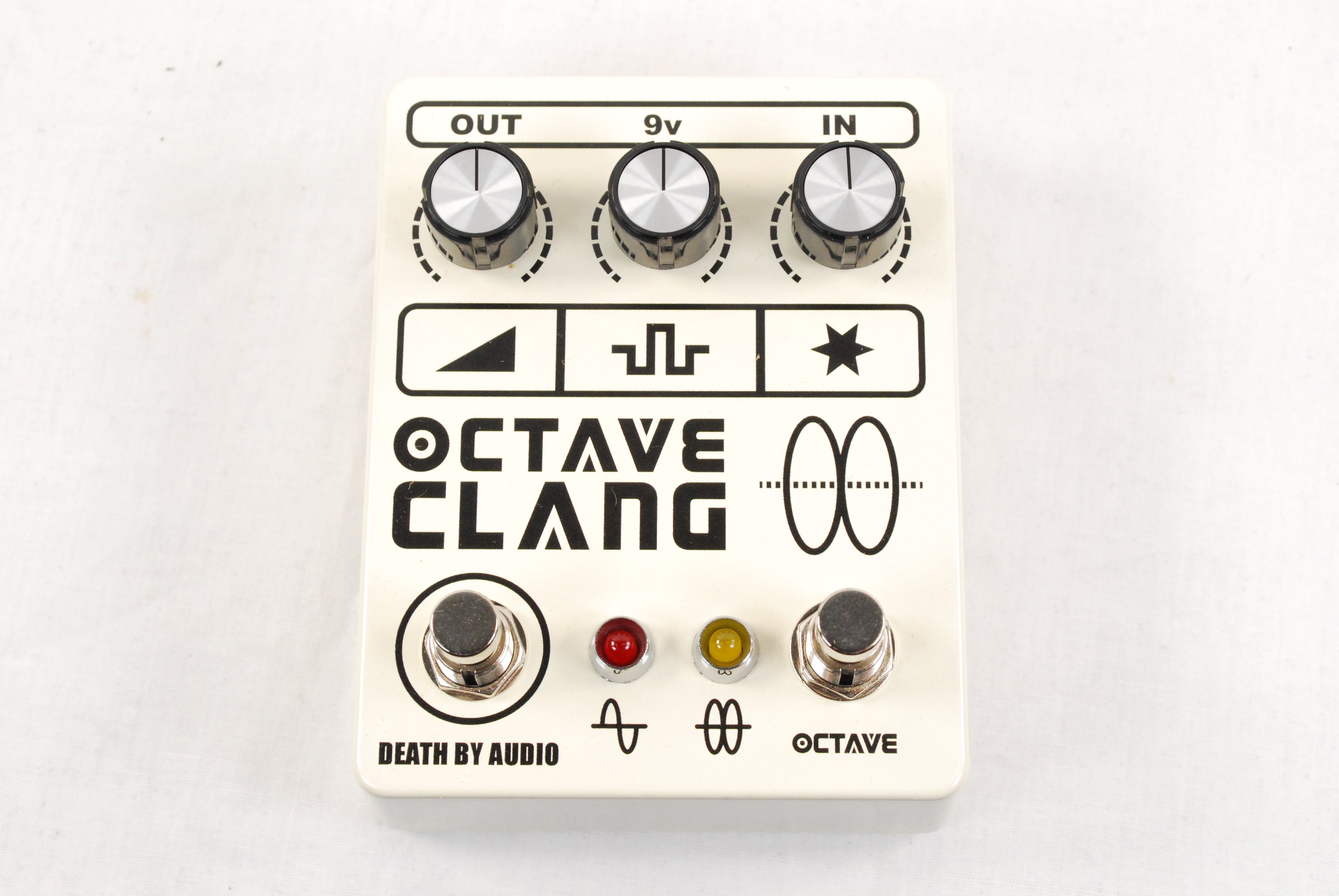 Death By Audio Octave Clang v2 octave fuzz pedal — white, top view