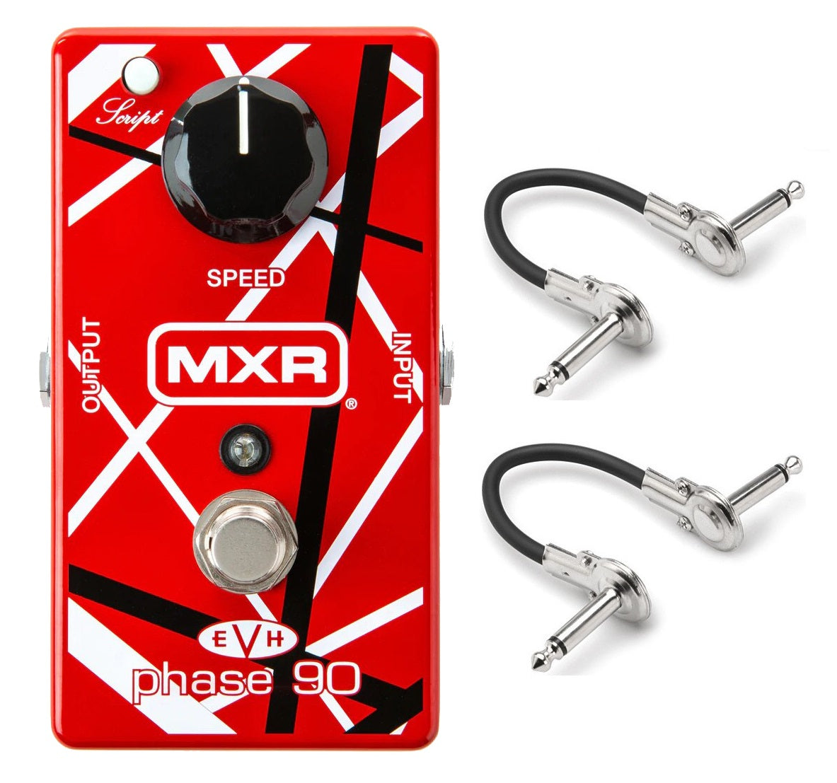 MXR EVH90 Phase 90 phaser pedal with two Hosa patch cables — Frankenstein stripe graphics front view