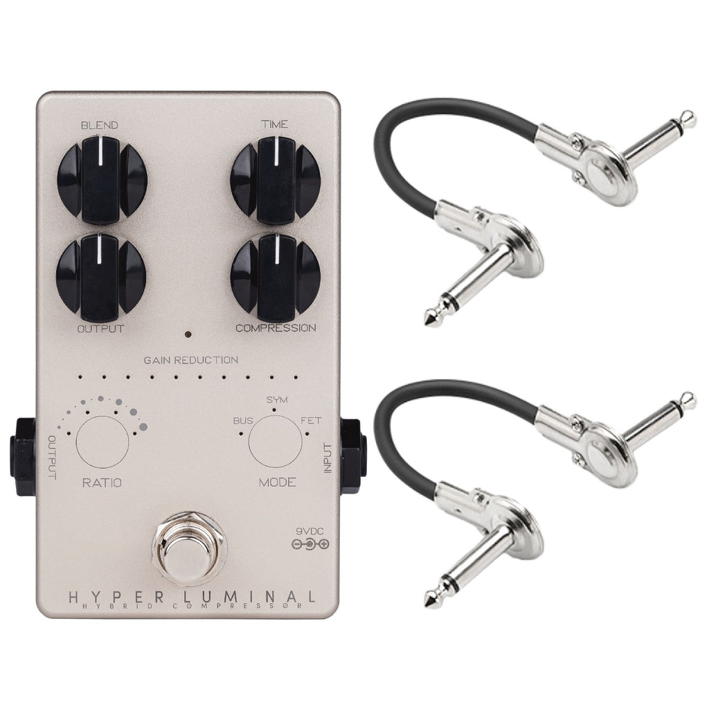Darkglass Hyper Luminal hybrid compressor pedal — silver enclosure with two included patch cables