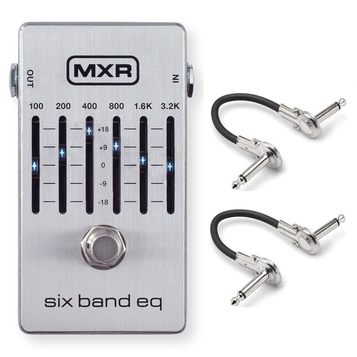 MXR M109S Six Band Graphic EQ pedal — silver enclosure with sliders, shown with included patch cables
