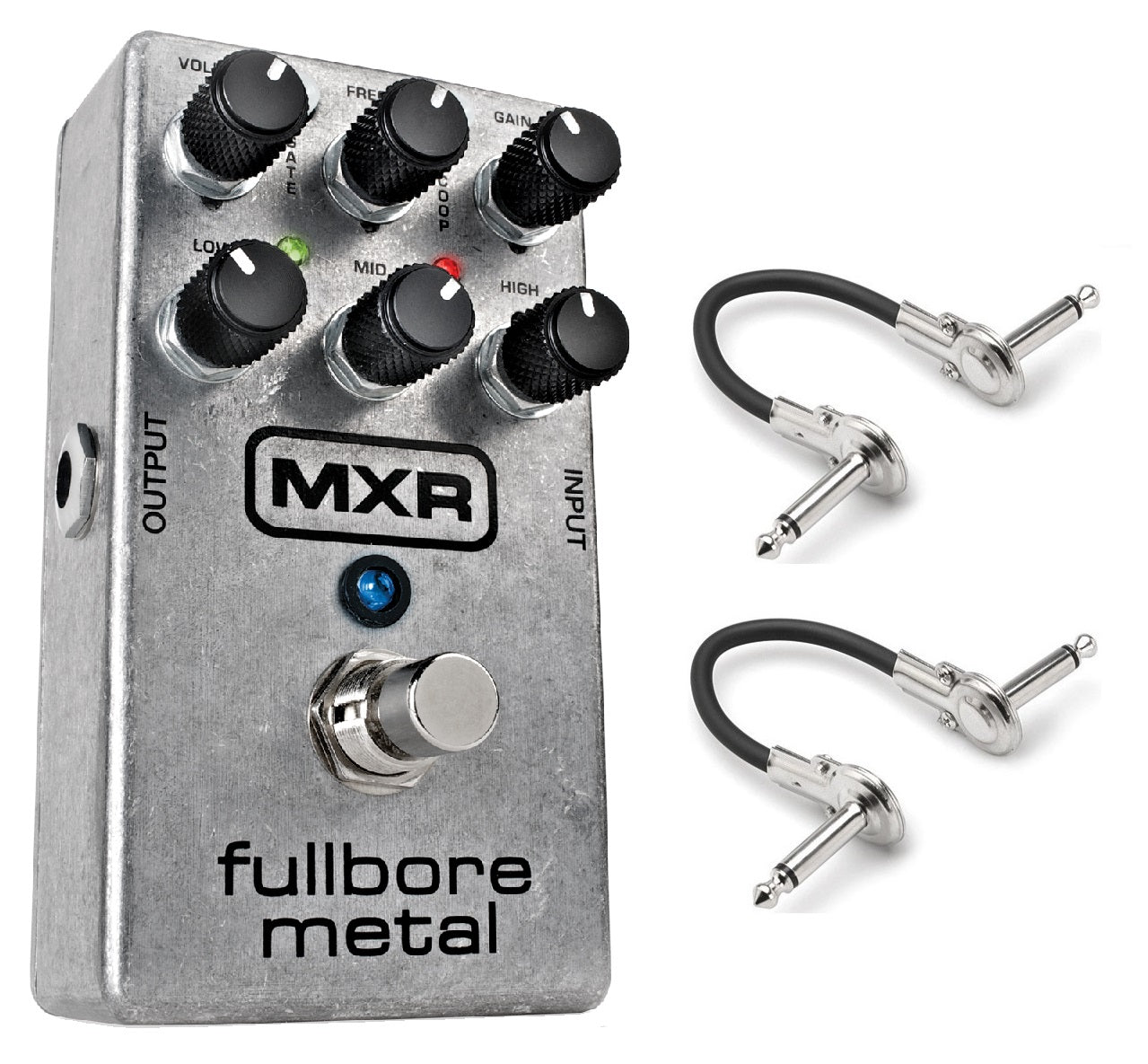 MXR M116 FullBore Metal distortion pedal — silver enclosure with two black patch cables