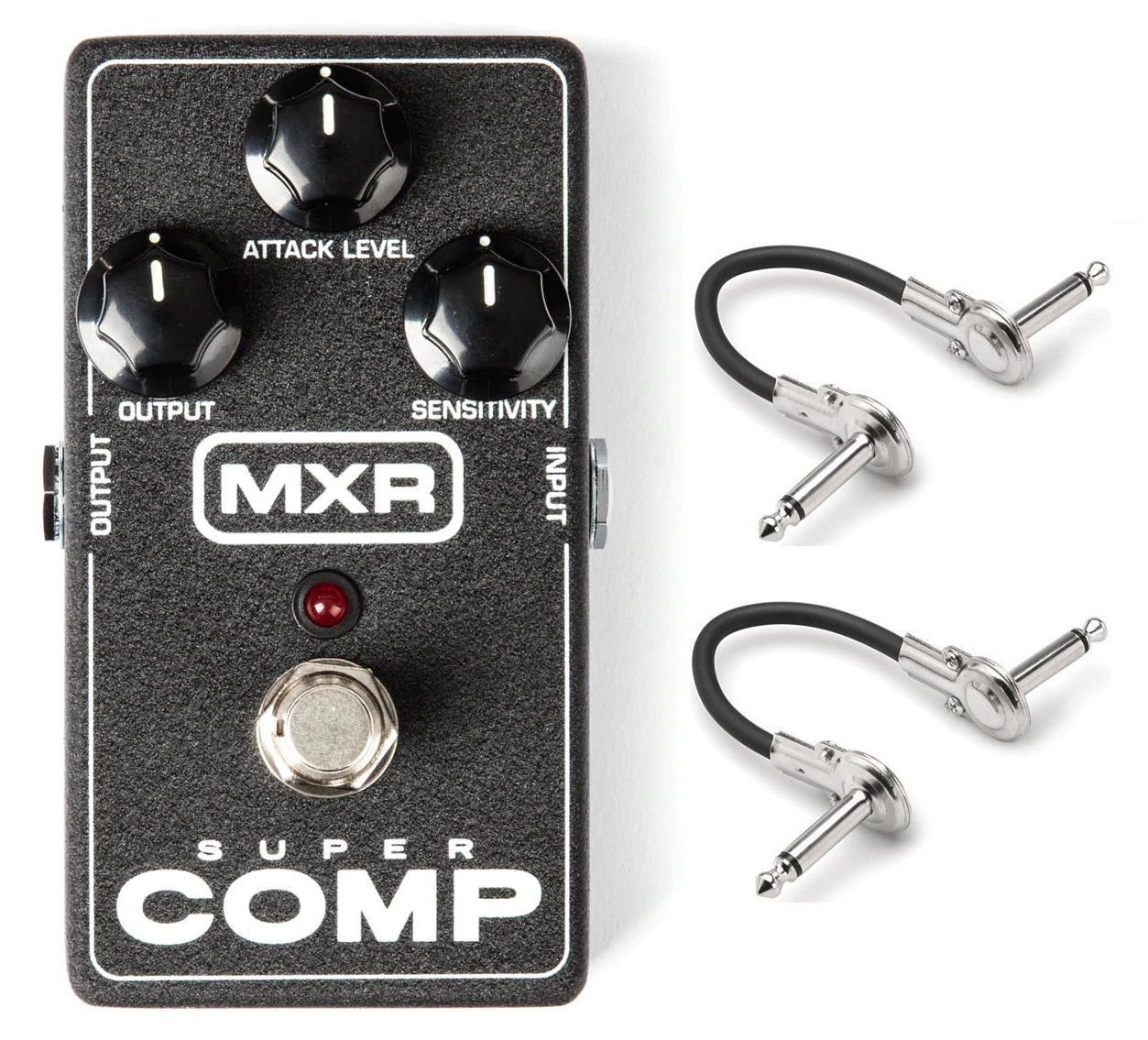 MXR M132 Super Comp compressor guitar pedal — black with two patch cables