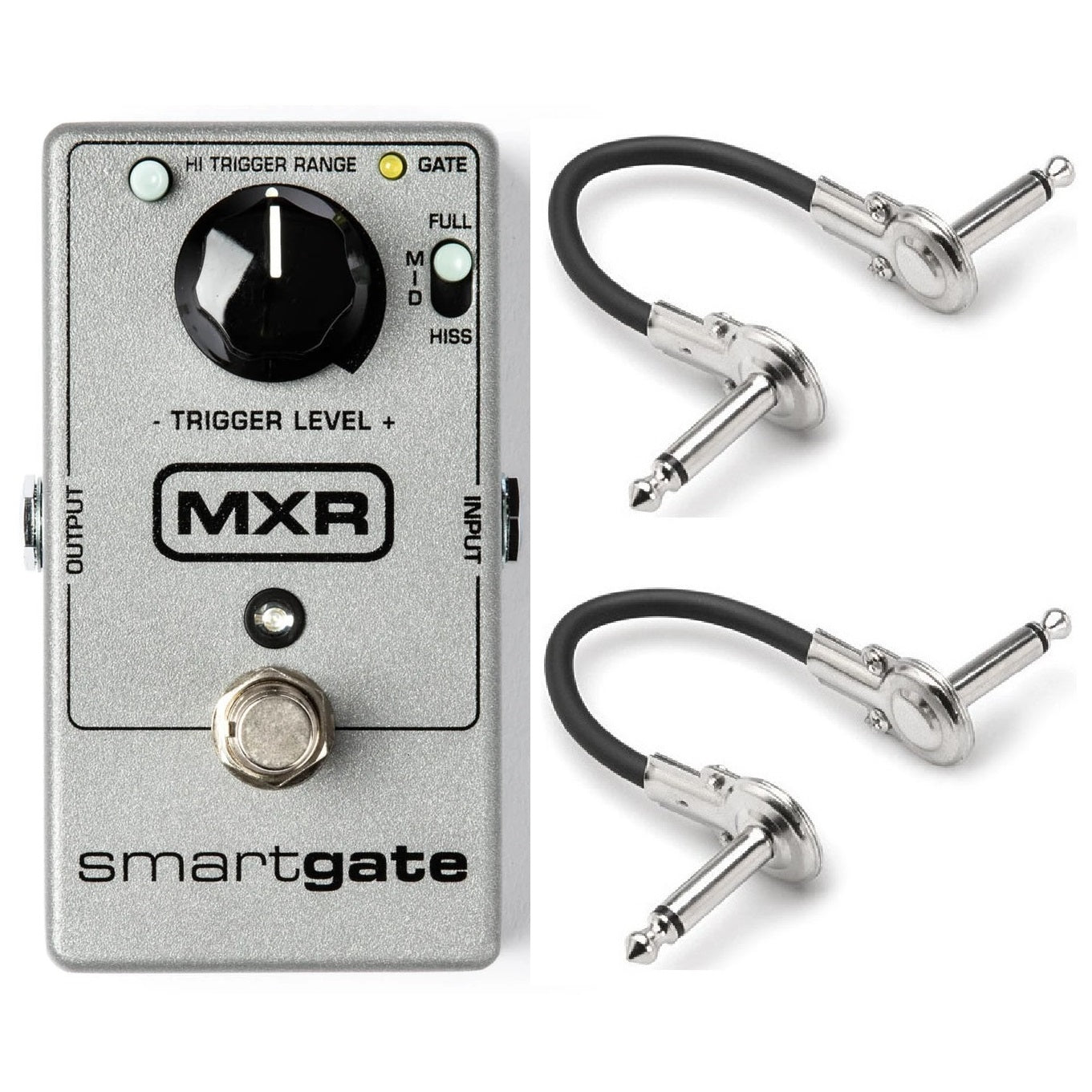 MXR M135 Smart Gate silver noise gate guitar pedal with two patch cables