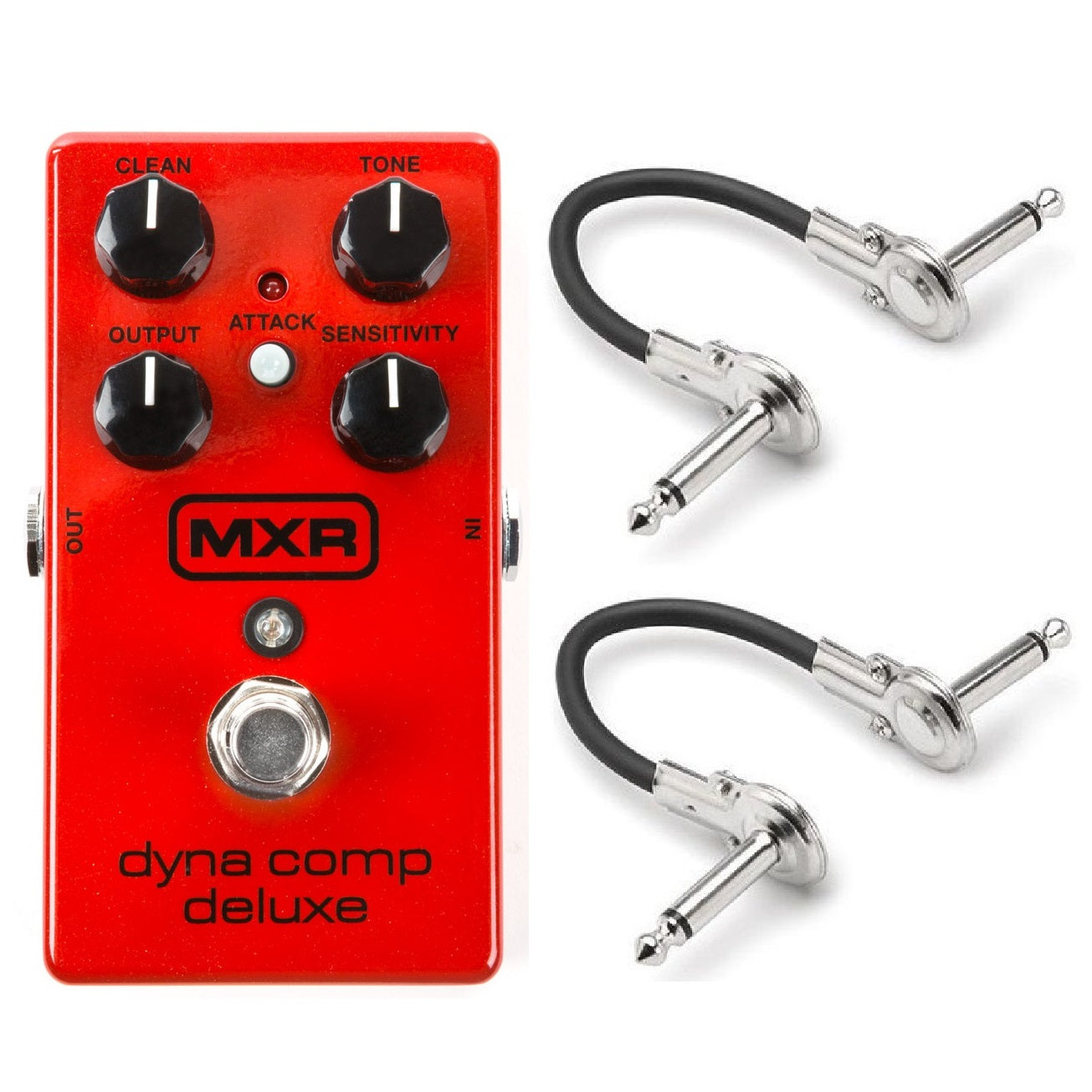 MXR M228 Dyna Comp Deluxe compressor pedal in red with two included patch cables