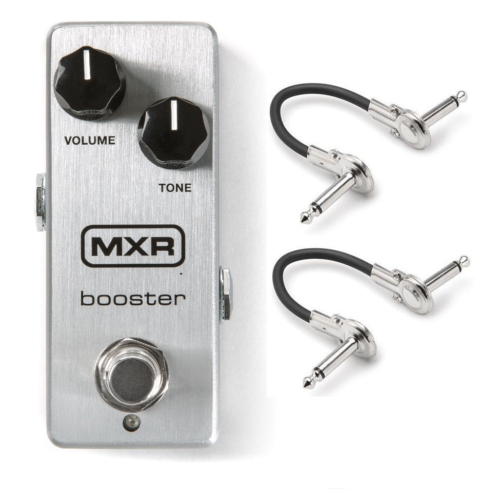 MXR M293 Booster Mini guitar pedal — silver enclosure with included patch cables
