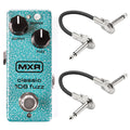 MXR M296 Classic 108 Fuzz Mini pedal — turquoise enclosure with two included patch cables