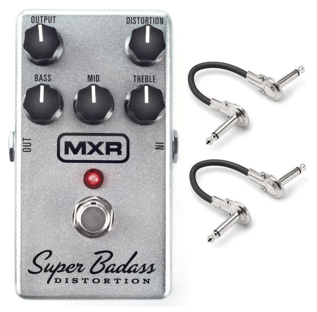 MXR M75 Super Badass Distortion pedal with two Hosa patch cables, silver and black