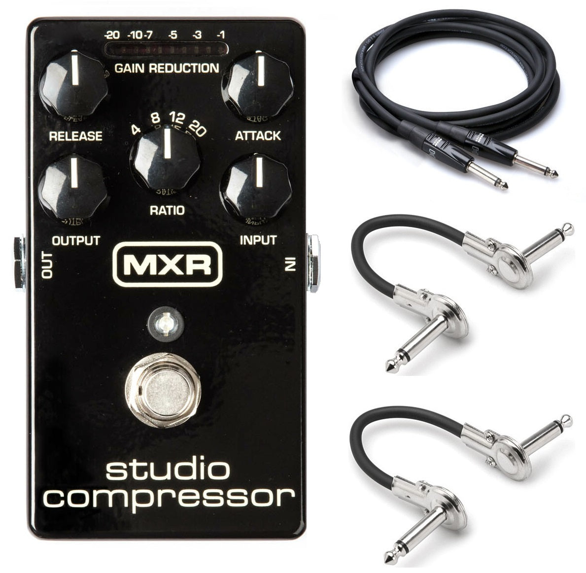 MXR M76 Studio Compressor pedal in black with included instrument and patch cables