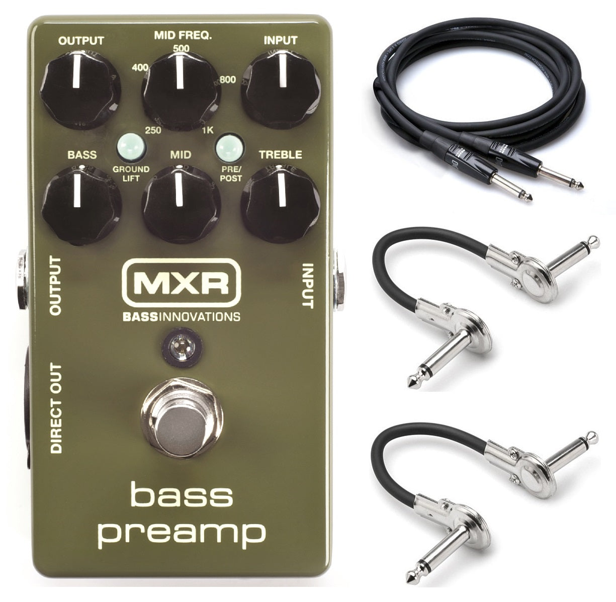 MXR M81 Bass Preamp pedal, green, bundled with Hosa patch and guitar cables