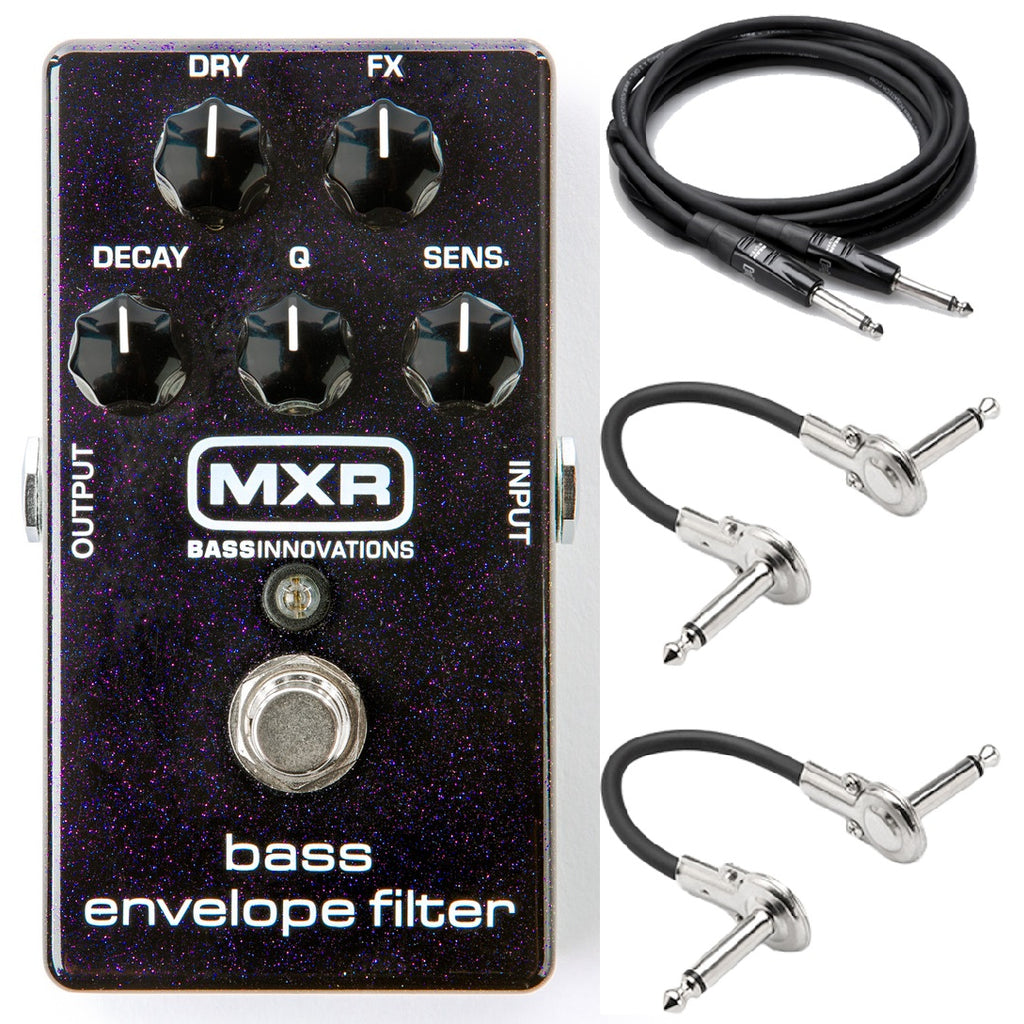 MXR M82 Bass Envelope Filter pedal — purple sparkle enclosure with cables