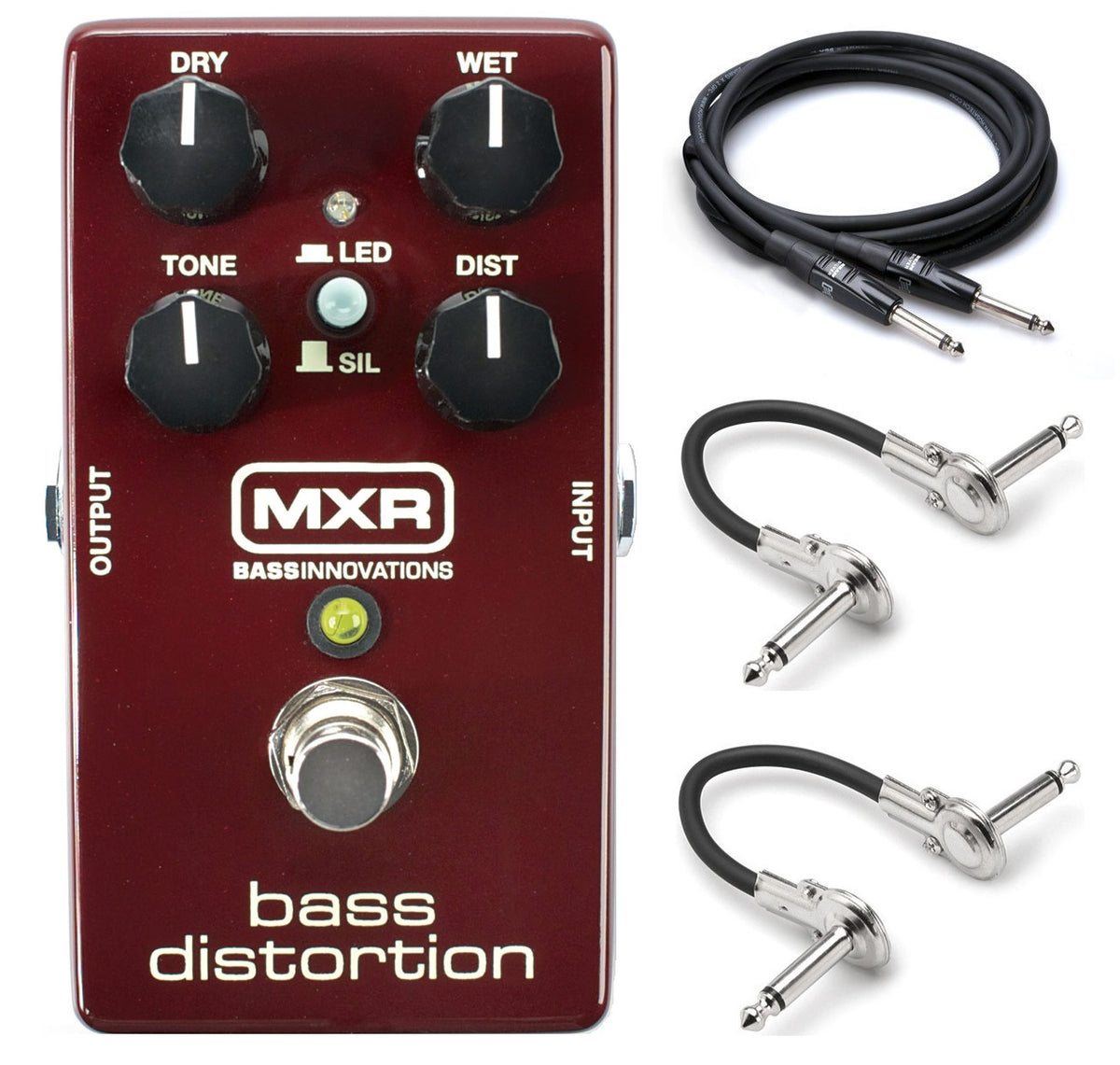 MXR M85 Bass Distortion pedal — dark red housing with included guitar and patch cables