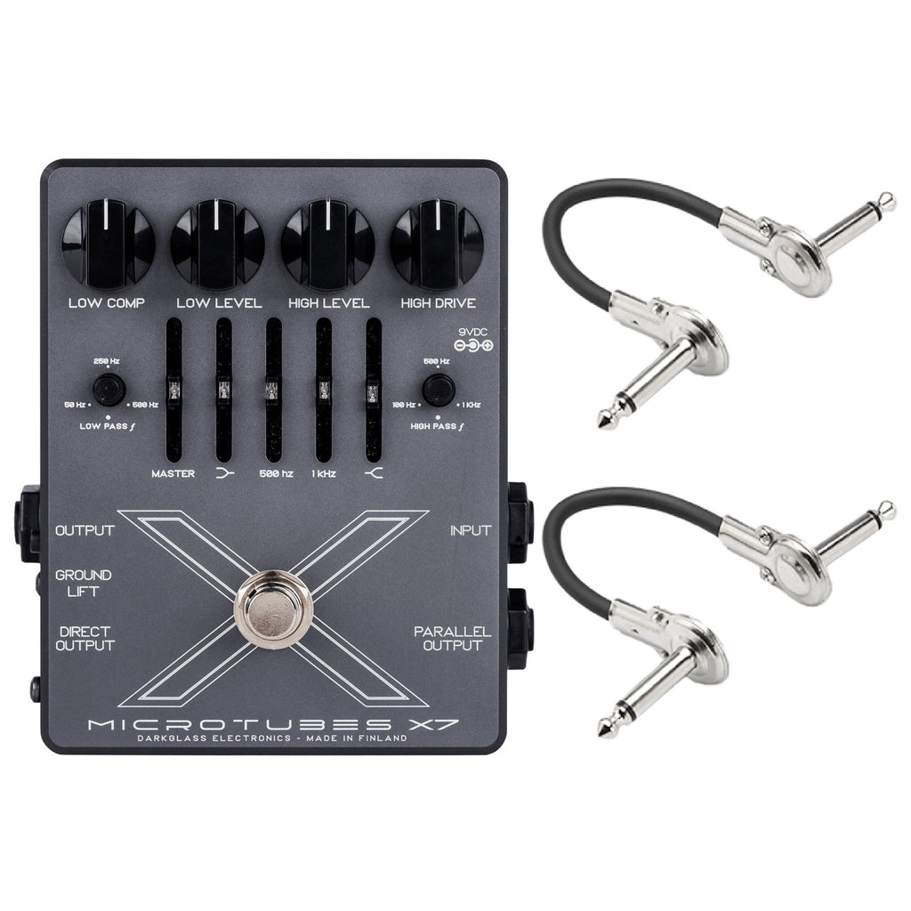 Darkglass Microtubes X7 bass distortion pedal — front panel with included patch cables