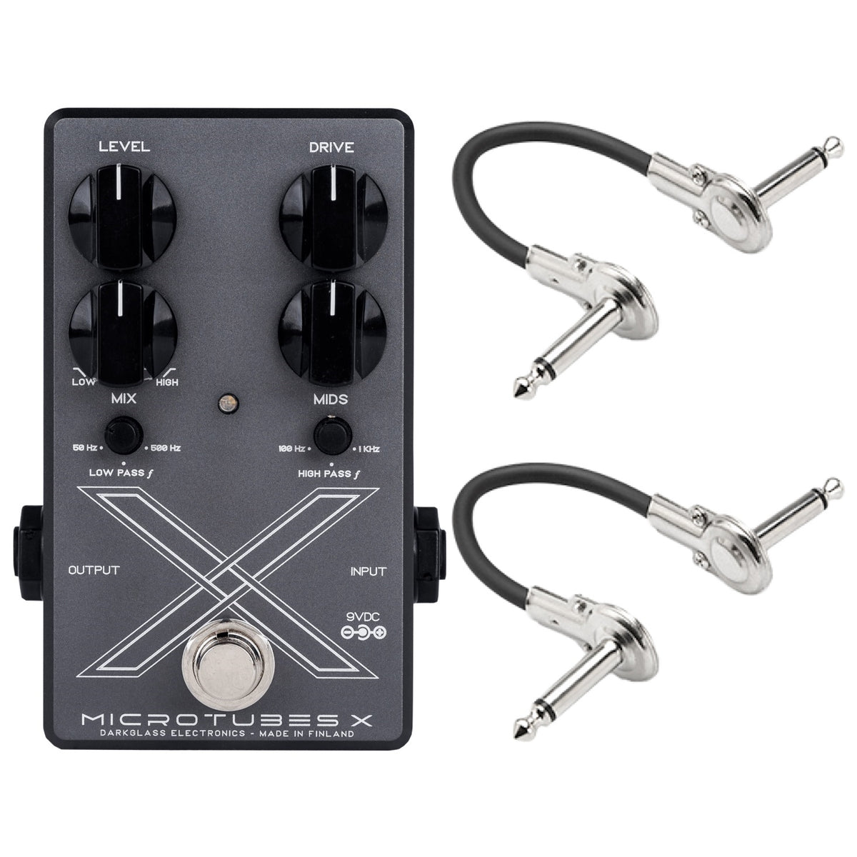 Darkglass Microtubes X bass distortion pedal — front panel with included patch cables