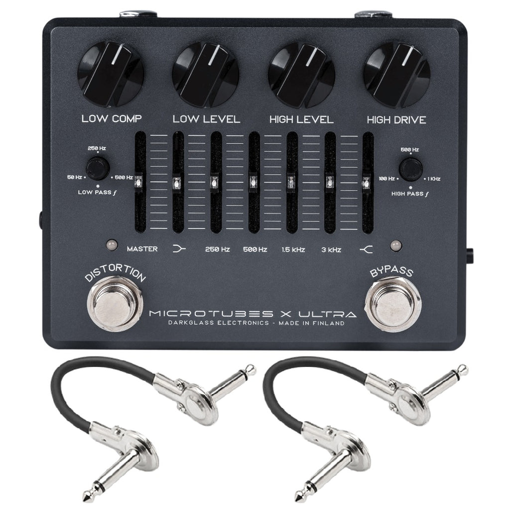 Darkglass Microtubes X Ultra bass distortion pedal — gray enclosure with patch cables