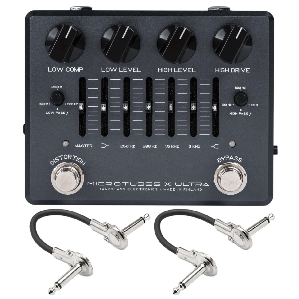 Darkglass Microtubes X Ultra bass distortion pedal — gray enclosure with patch cables