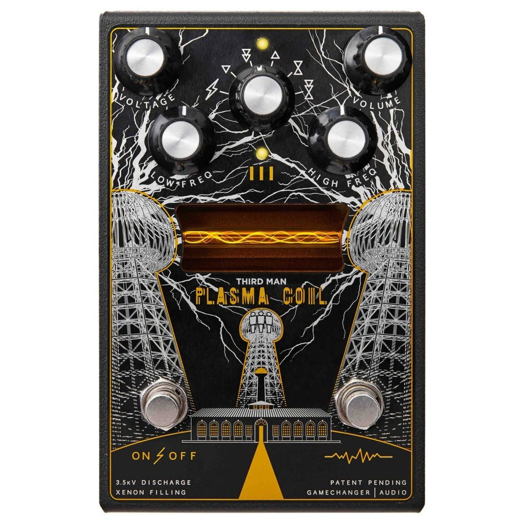 Gamechanger Audio Third Man Plasma Coil black distortion pedal with xenon tube and Tesla coil art