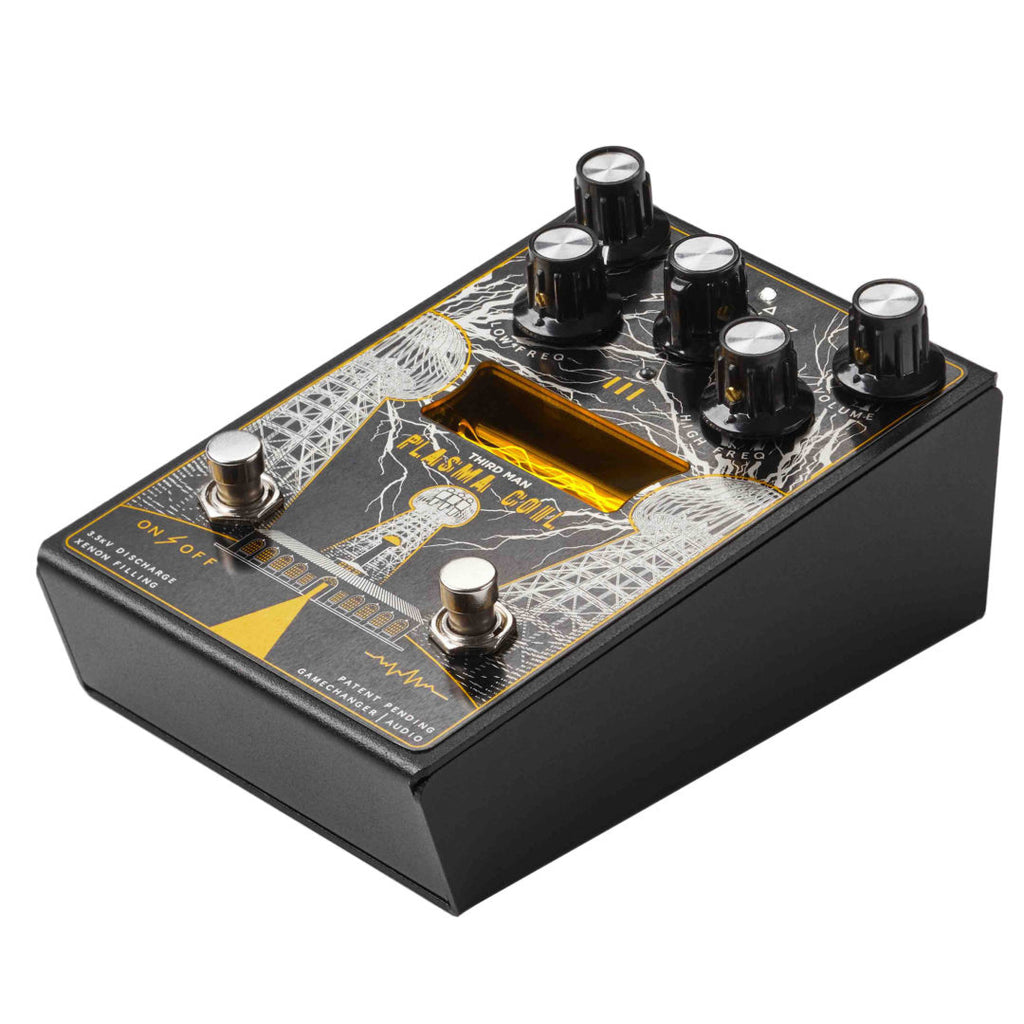 Gamechanger Audio Plasma Coil distortion pedal angled view showing knobs and footswitches