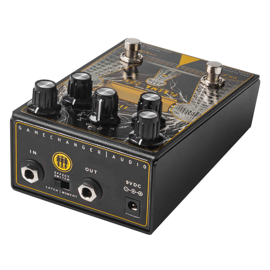 Gamechanger Audio Plasma Coil distortion pedal back panel with jacks and mode toggle