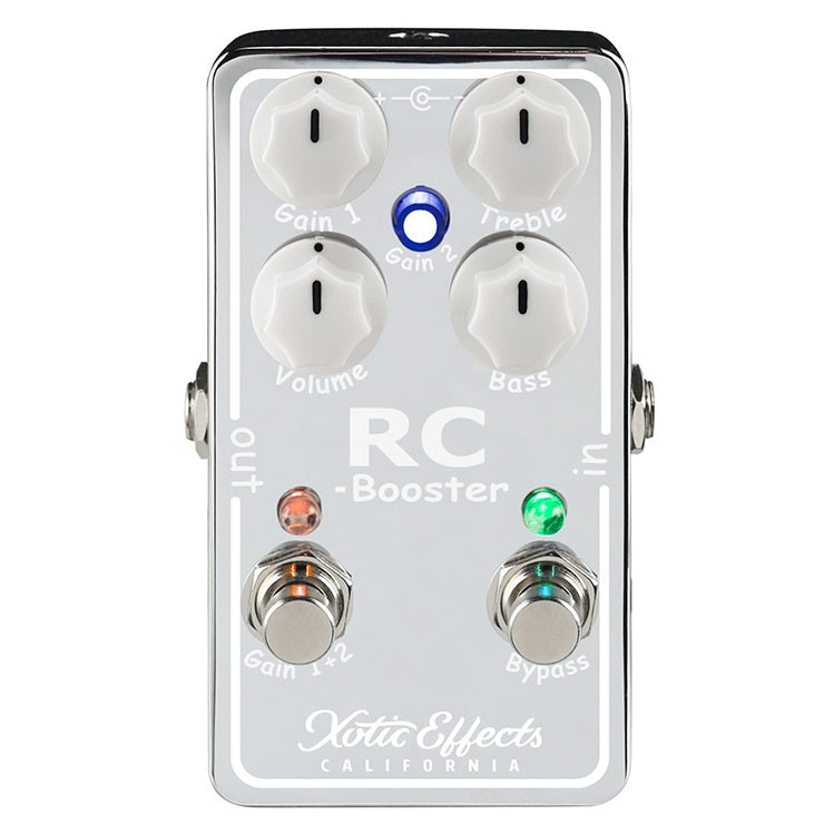 Xotic RC Booster V2 clean boost pedal — silver enclosure, 5-knob dual-gain layout