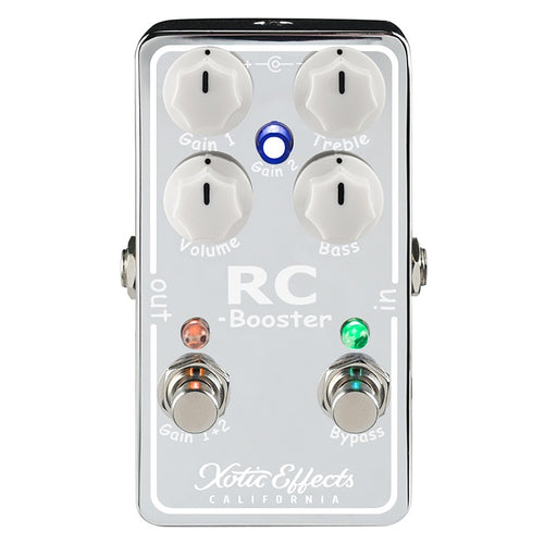 Xotic RC Booster V2 clean boost pedal — silver enclosure, 5-knob dual-gain layout