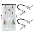 Xotic RC Booster V2 pedal with two Hosa patch cables — silver enclosure front view