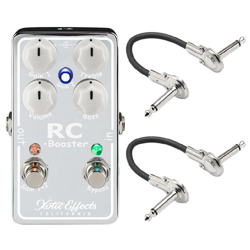 Xotic RC Booster V2 pedal with two Hosa patch cables — silver enclosure front view