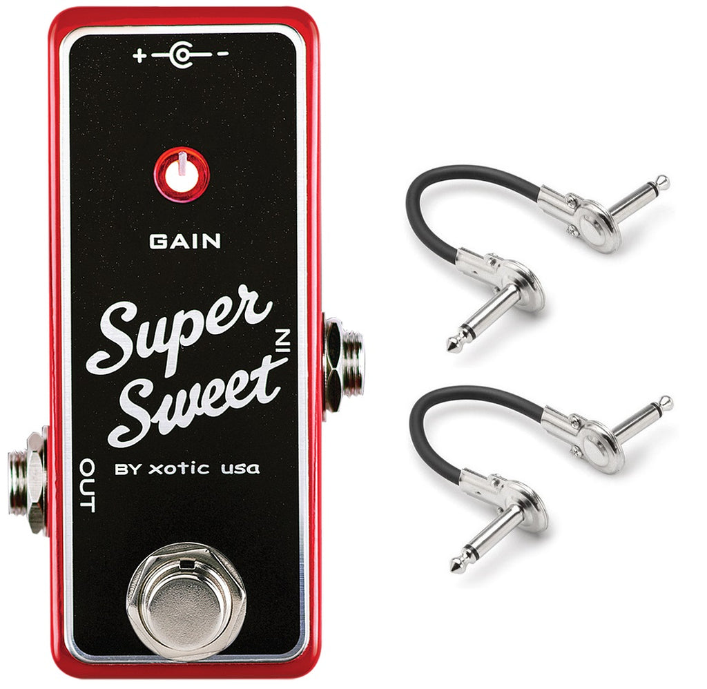 Xotic SSB Super Sweet Booster pedal — red and black mini pedal with Hosa patch cables