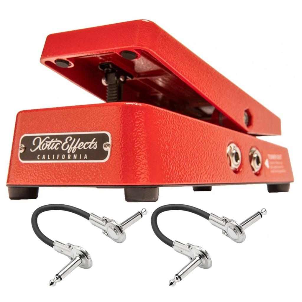 Xotic XVP-25K low impedance volume pedal in red, shown with two Hosa patch cables