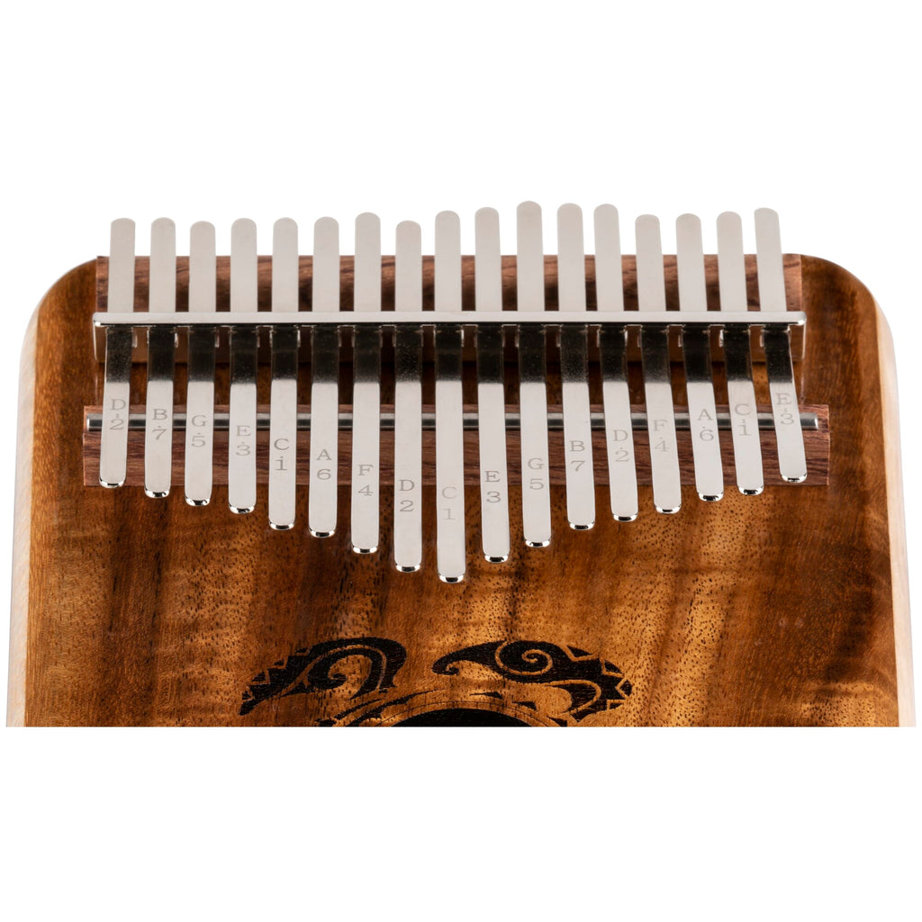 Luna Honu Koa 17-key kalimba — steel tines top view
