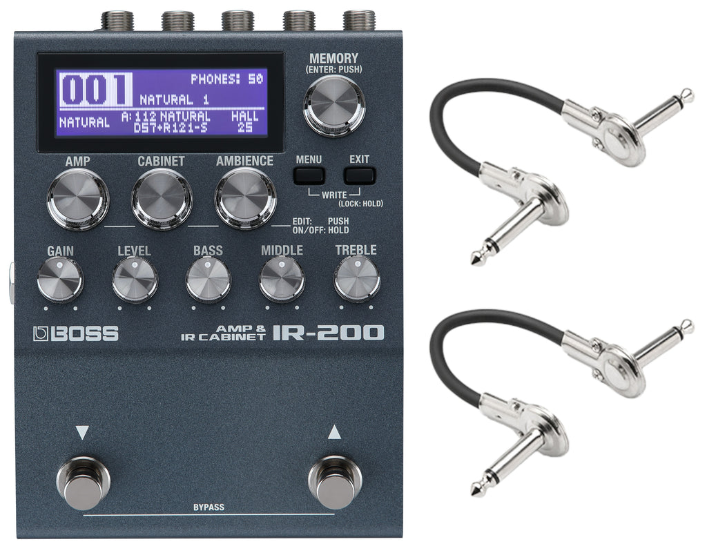 Boss IR-200 amp and IR cabinet pedal — top view with knobs and included patch cables